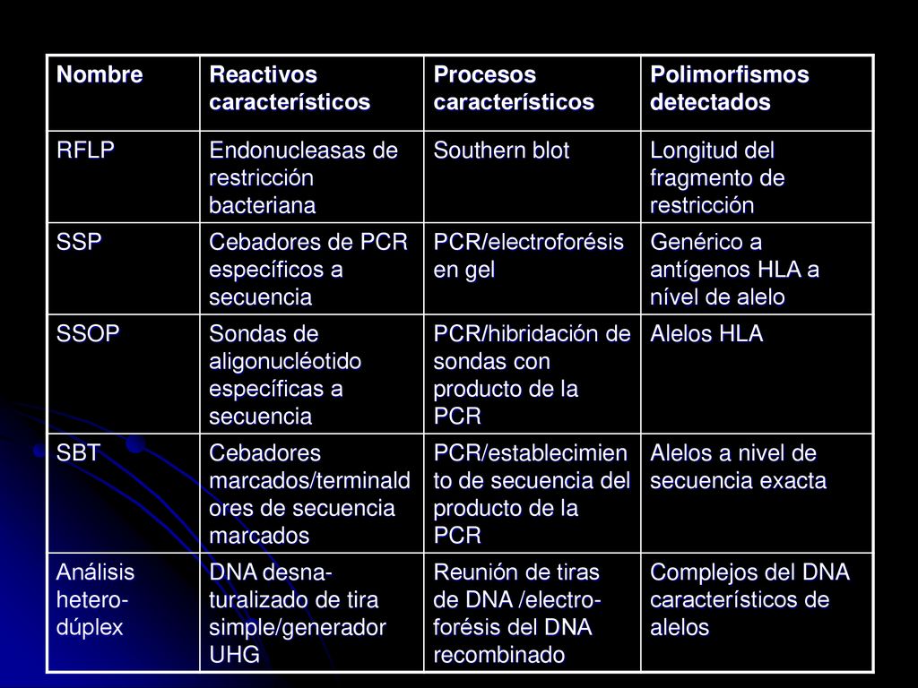 Nombre Reactivos característicos. Procesos característicos. Polimorfismos detectados. RFLP. Endonucleasas de restricción bacteriana.