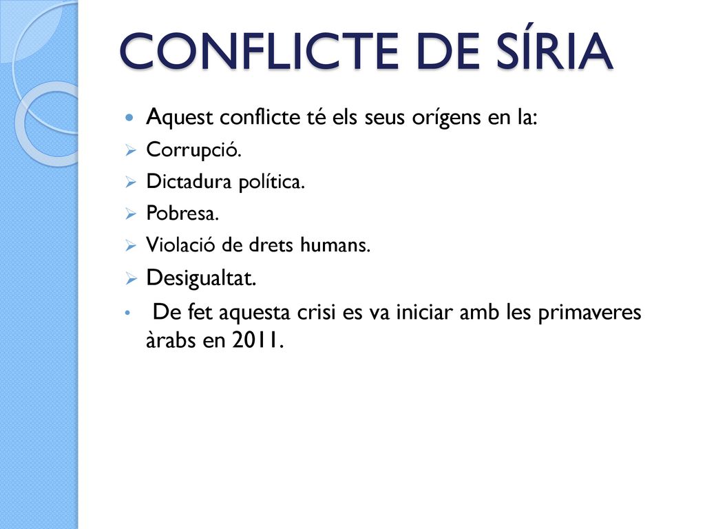 CONFLICTE DE SÍRIA Aquest conflicte té els seus orígens en la: