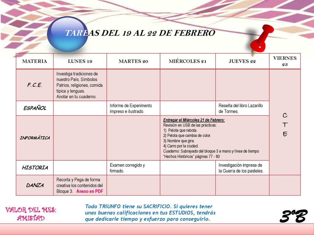 3ºB TAREAS DEL 19 AL 22 DE FEBRERO C T E VALOR DEL MES: AMISTAD