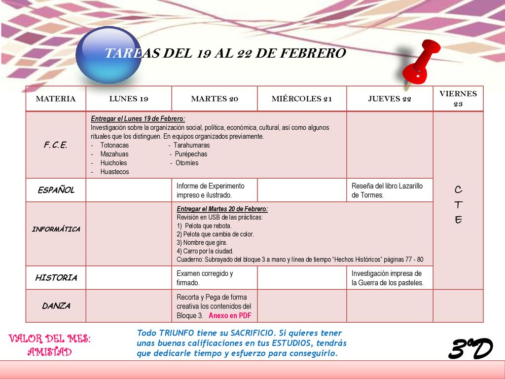 3ºD TAREAS DEL 19 AL 22 DE FEBRERO C T E VALOR DEL MES: AMISTAD