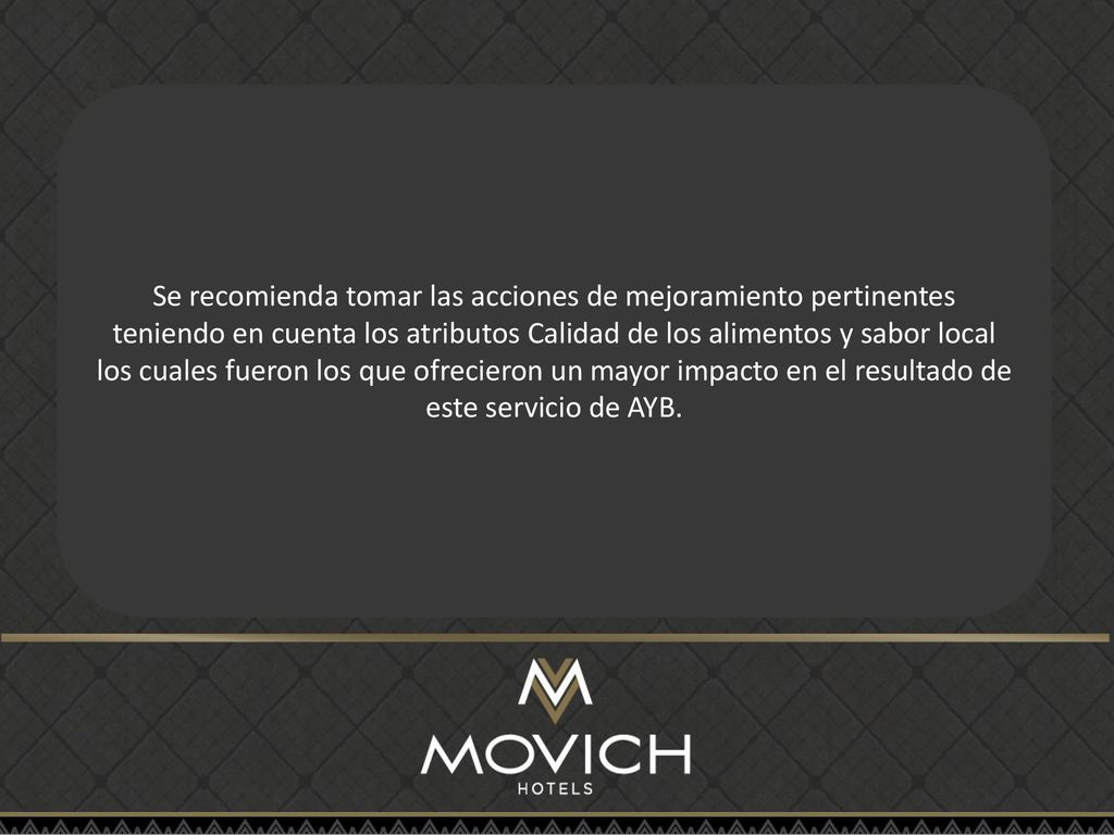 Se recomienda tomar las acciones de mejoramiento pertinentes teniendo en cuenta los atributos Calidad de los alimentos y sabor local los cuales fueron los que ofrecieron un mayor impacto en el resultado de este servicio de AYB.