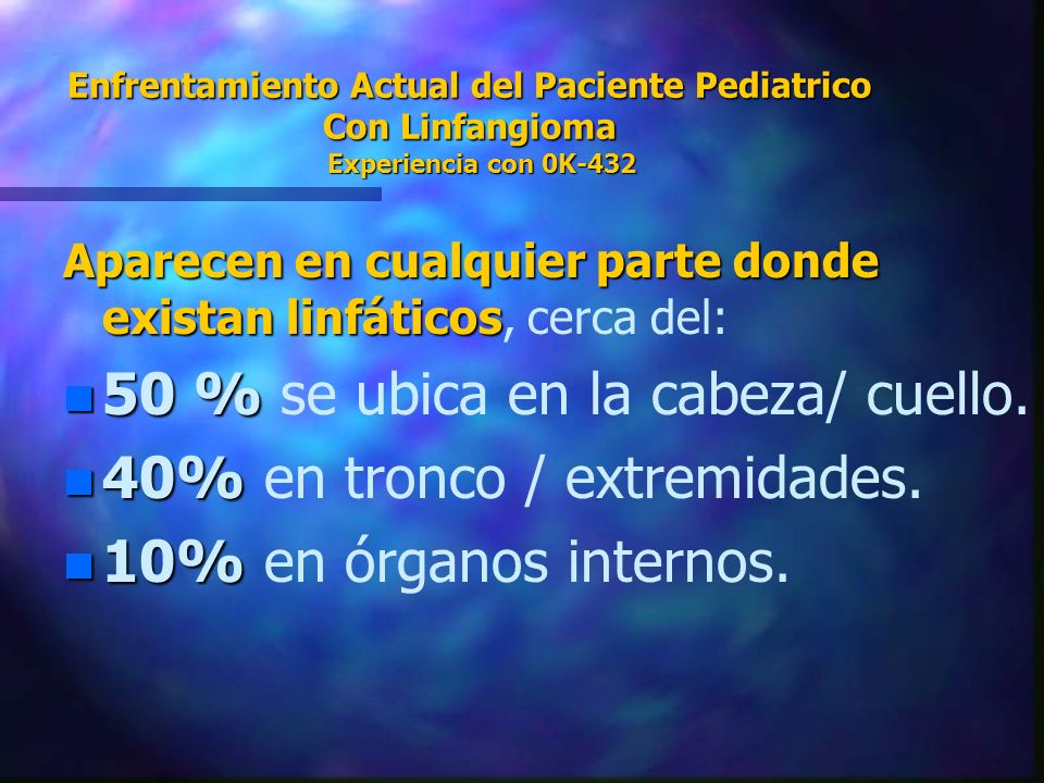 50 % se ubica en la cabeza/ cuello. 40% en tronco / extremidades.