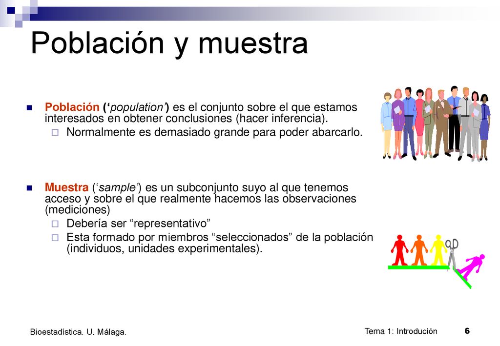 Población y muestra Población (‘population’) es el conjunto sobre el que estamos interesados en obtener conclusiones (hacer inferencia).