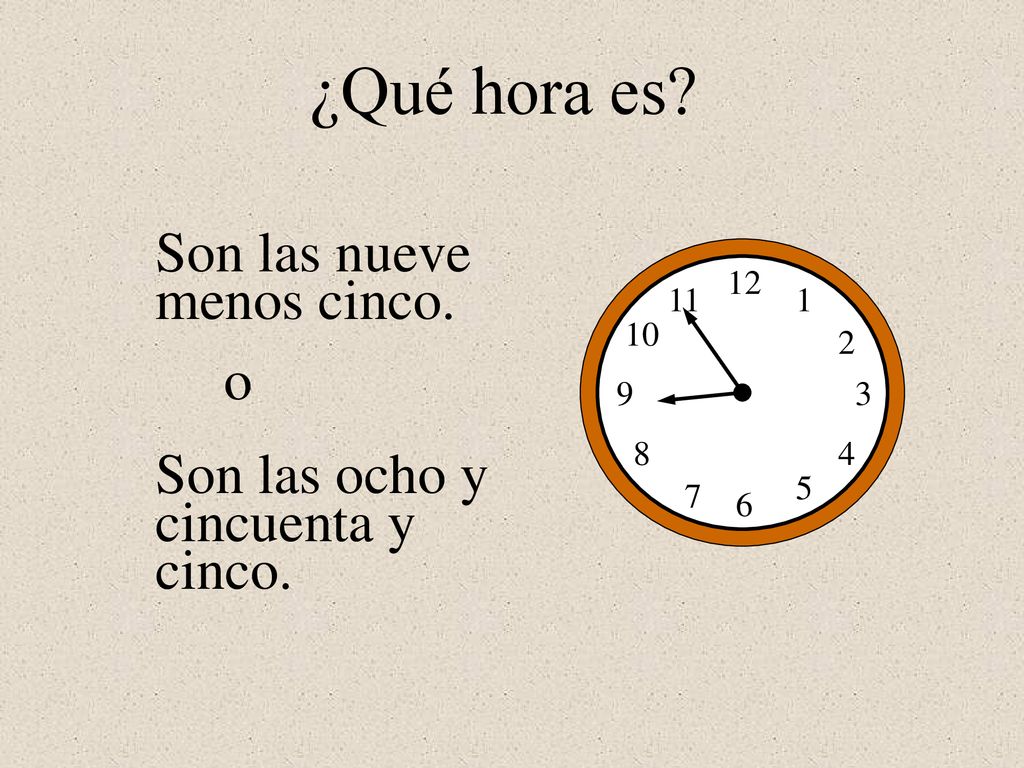 ¿Qué hora es Son las nueve menos cinco. o