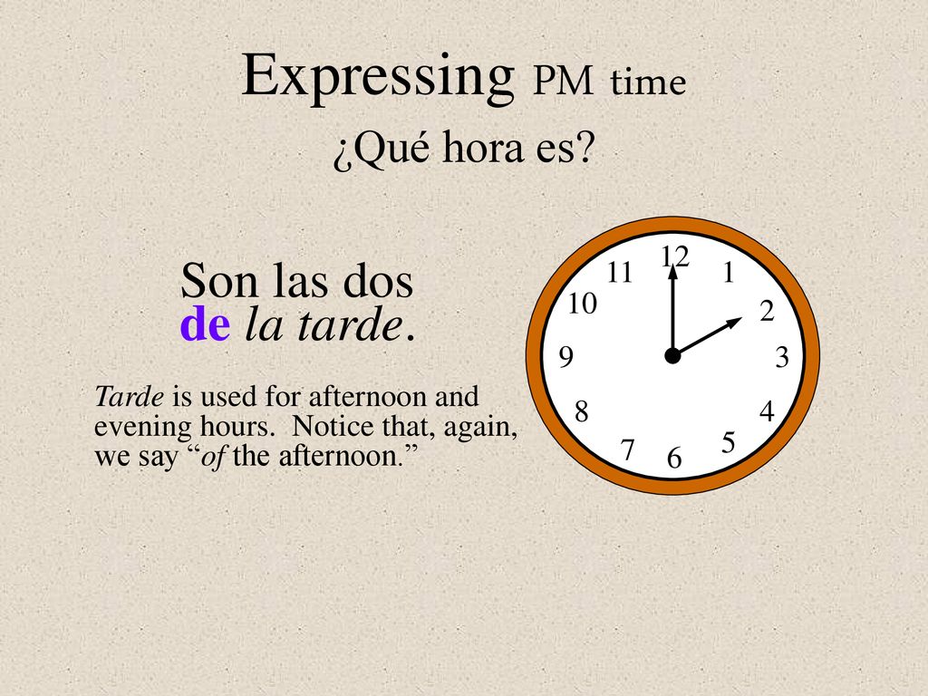Expressing PM time Son las dos de la tarde. ¿Qué hora es