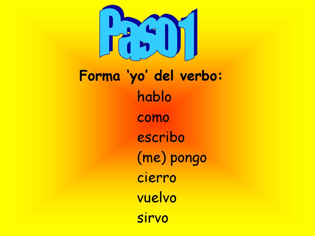Paso 1 Forma ‘yo’ del verbo: hablo como escribo (me) pongo cierro