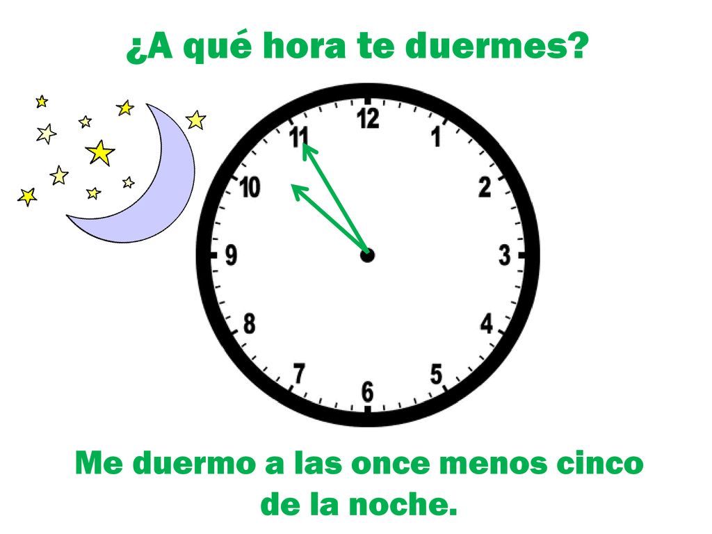 Me duermo a las once menos cinco de la noche.