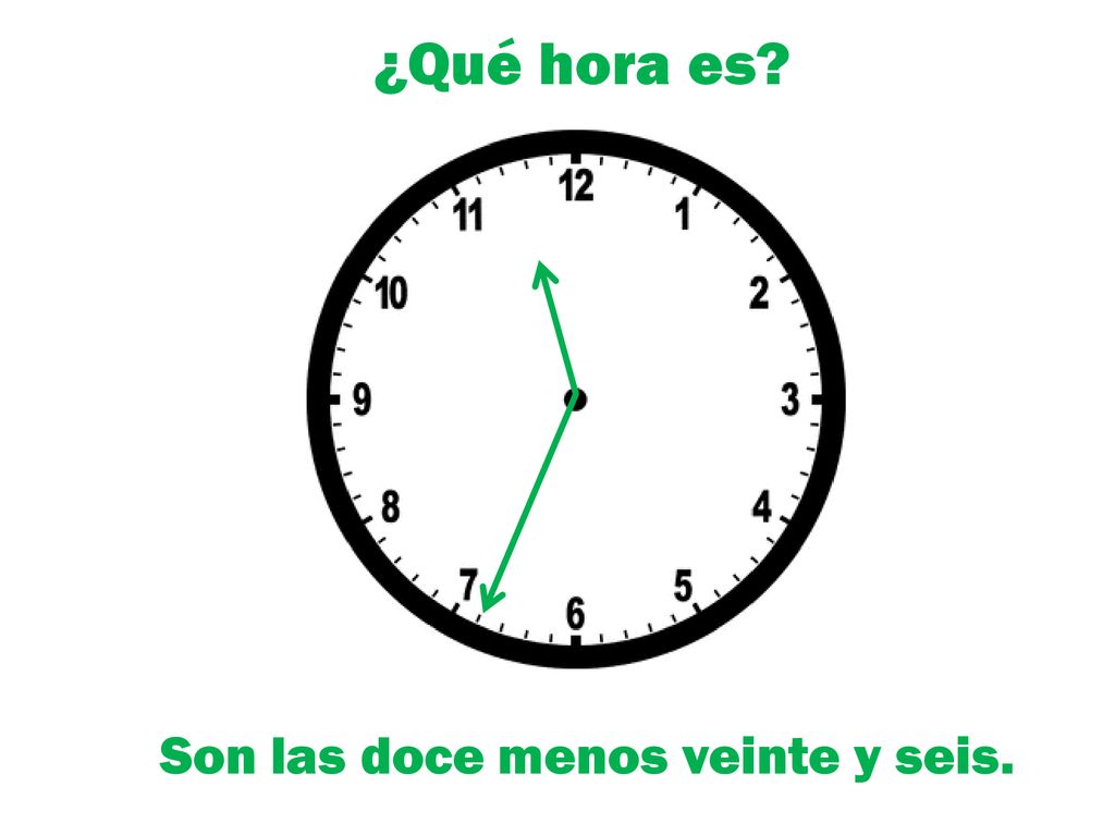 ¿Qué hora es Son las doce menos veinte y seis.