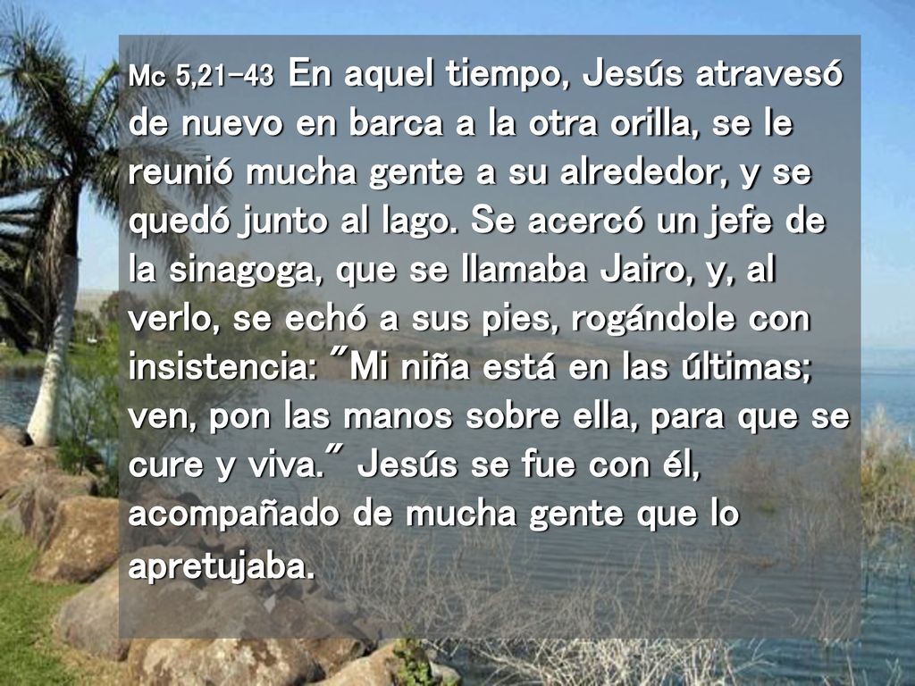 Mc 5,21-43 En aquel tiempo, Jesús atravesó de nuevo en barca a la otra orilla, se le reunió mucha gente a su alrededor, y se quedó junto al lago.