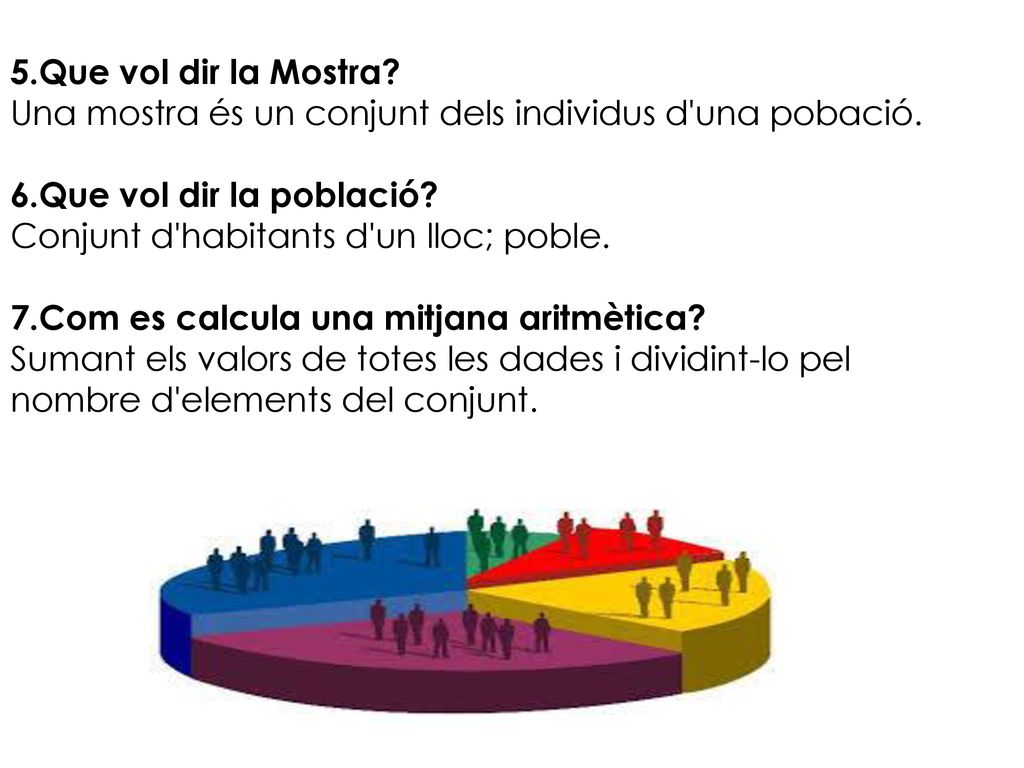 5.Que vol dir la Mostra Una mostra és un conjunt dels individus d una pobació. 6.Que vol dir la població