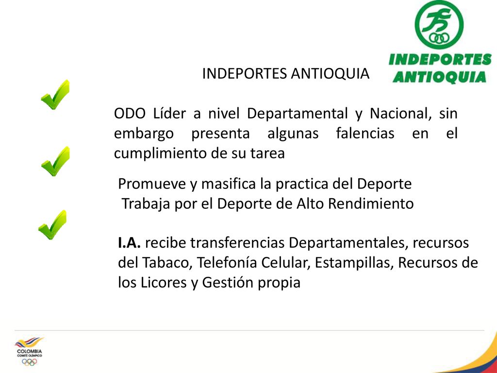 INDEPORTES ANTIOQUIA ODO Líder a nivel Departamental y Nacional, sin embargo presenta algunas falencias en el cumplimiento de su tarea.