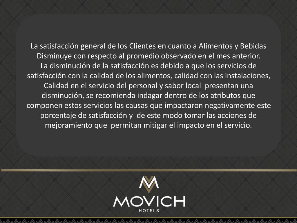 La satisfacción general de los Clientes en cuanto a Alimentos y Bebidas Disminuye con respecto al promedio observado en el mes anterior.