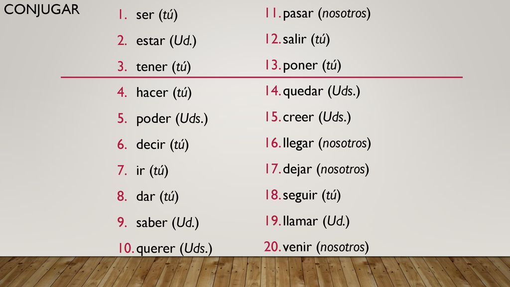 COnjugar ser (tú) estar (Ud.) tener (tú) hacer (tú) poder (Uds.) decir (tú) ir (tú) dar (tú)