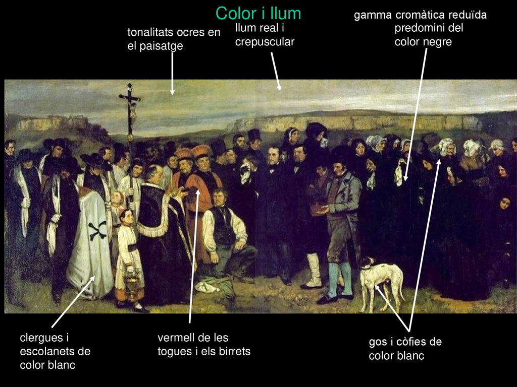 Color i llum gamma cromàtica reduïda. llum real i crepuscular. predomini del color negre. tonalitats ocres en el paisatge.