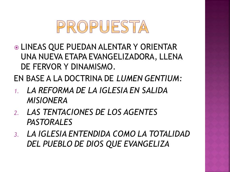 PROPUESTA LINEAS QUE PUEDAN ALENTAR Y ORIENTAR UNA NUEVA ETAPA EVANGELIZADORA, LLENA DE FERVOR Y DINAMISMO.