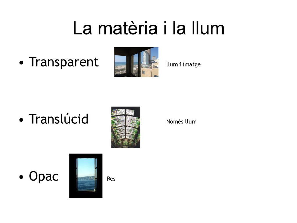 La matèria i la llum Transparent llum i imatge Translúcid Només llum