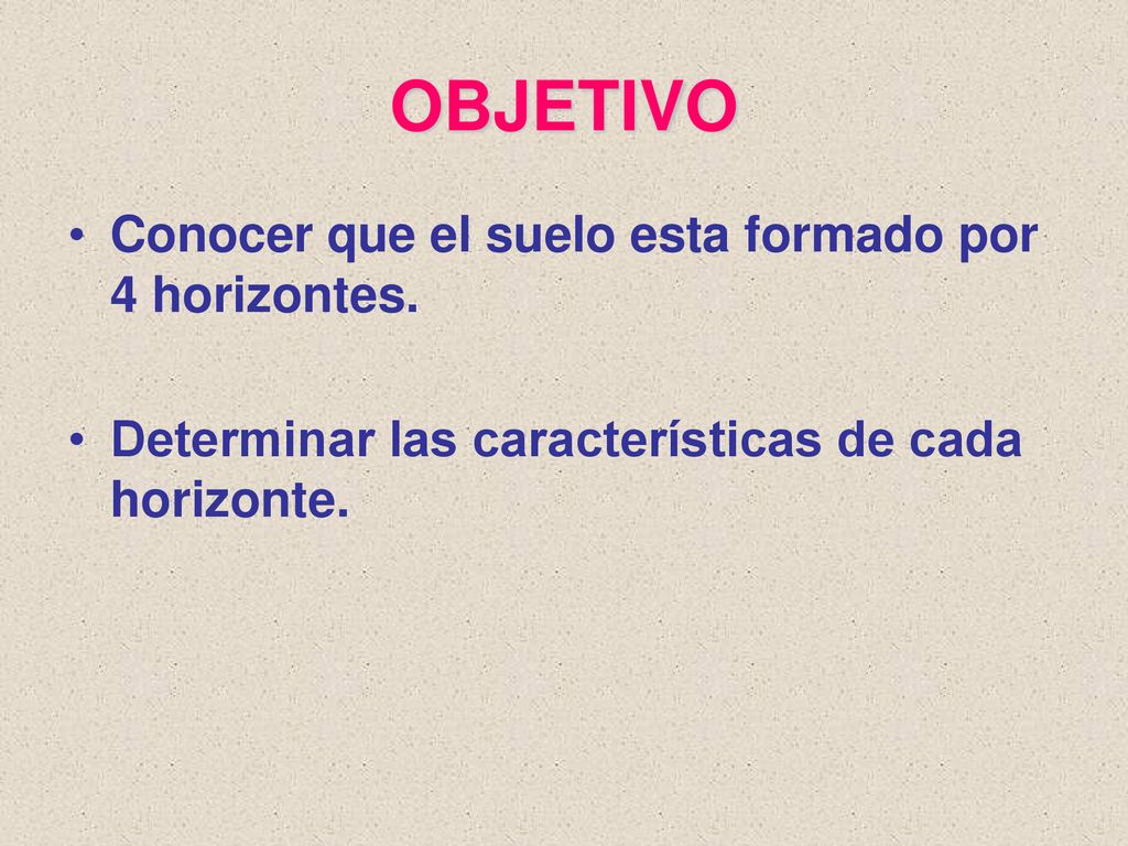 OBJETIVO Conocer que el suelo esta formado por 4 horizontes.