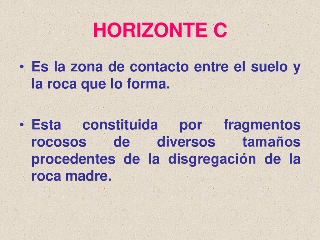HORIZONTE C Es la zona de contacto entre el suelo y la roca que lo forma.