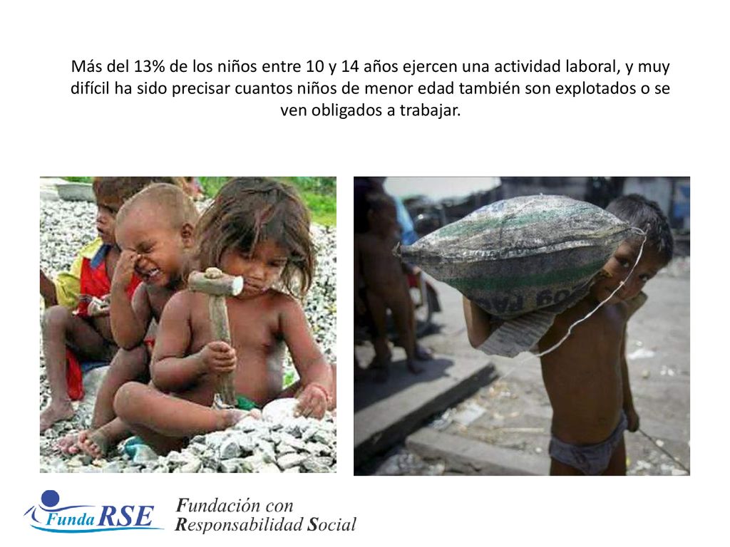 Más del 13% de los niños entre 10 y 14 años ejercen una actividad laboral, y muy difícil ha sido precisar cuantos niños de menor edad también son explotados o se ven obligados a trabajar.