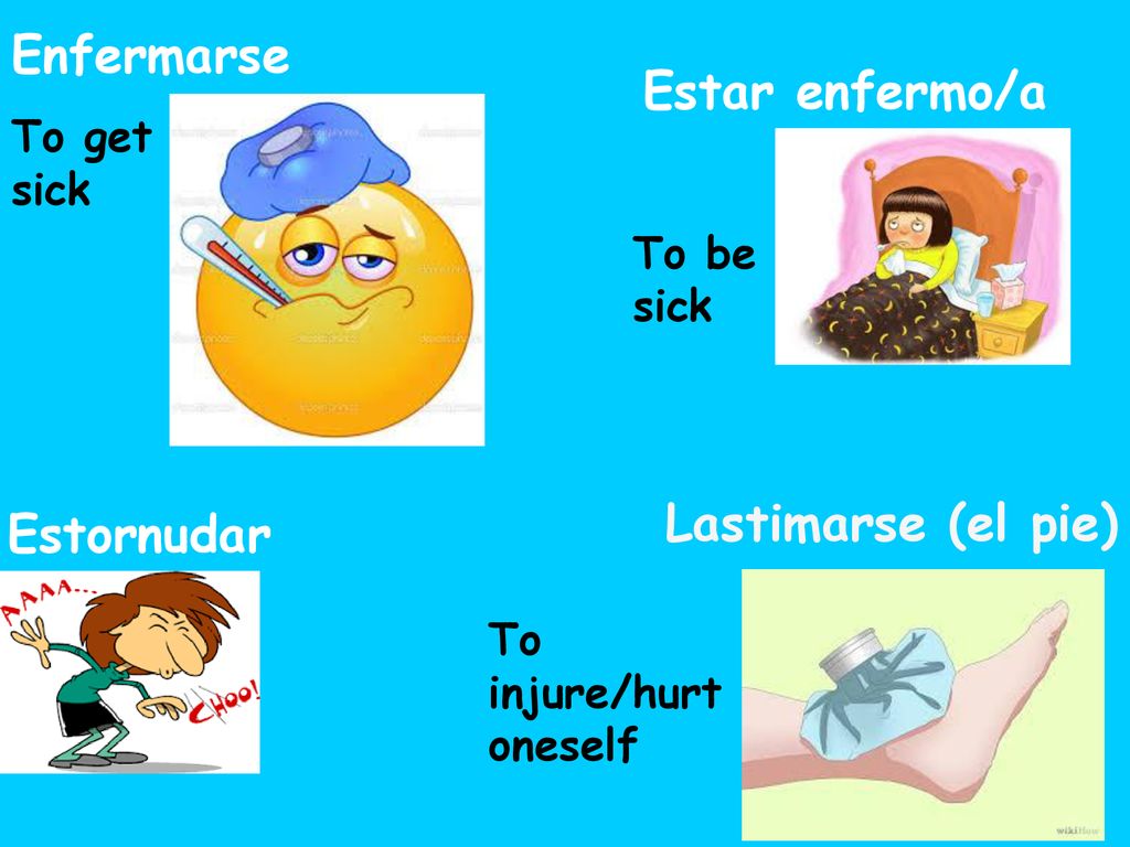 Enfermarse Estar enfermo/a Lastimarse (el pie) Estornudar To get sick