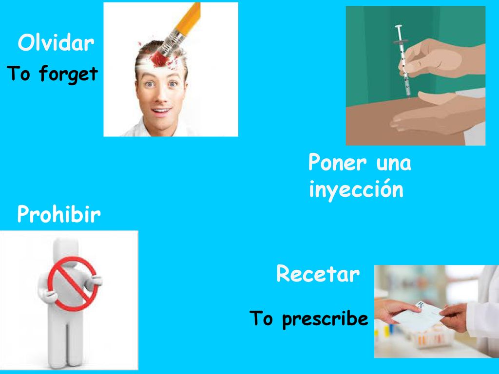 Olvidar To forget Poner una inyección Prohibir Recetar To prescribe