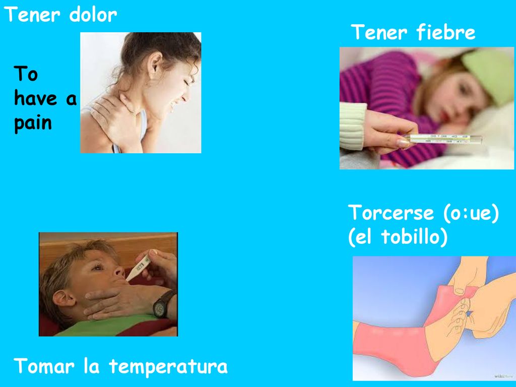 Tener dolor Tener fiebre To have a pain Torcerse (o:ue) (el tobillo) Tomar la temperatura