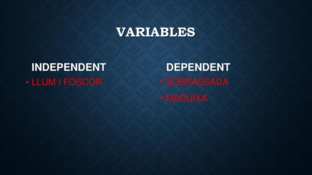 variables INDEPENDENT DEPENDENT Llum i foscor Sobrassada Maduixa