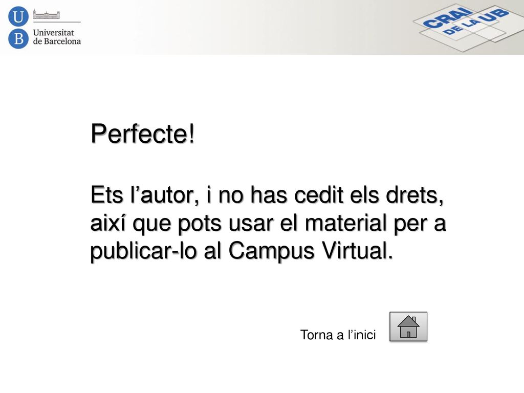 Perfecte! Ets l’autor, i no has cedit els drets, així que pots usar el material per a publicar-lo al Campus Virtual.