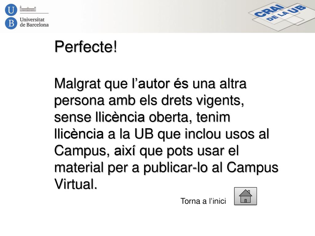 Perfecte! Malgrat que l’autor és una altra persona amb els drets vigents, sense llicència oberta, tenim llicència a la UB que inclou usos al Campus, així que pots usar el material per a publicar-lo al Campus Virtual.