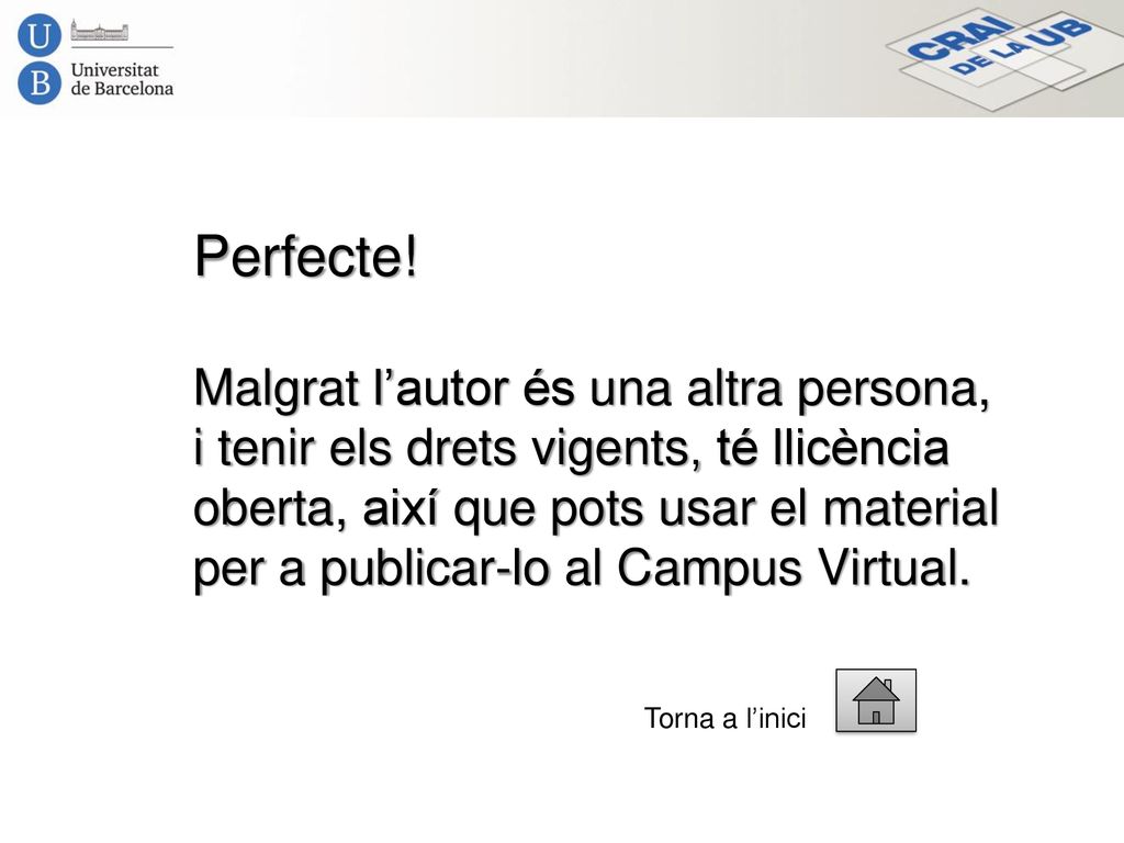 Perfecte! Malgrat l’autor és una altra persona, i tenir els drets vigents, té llicència oberta, així que pots usar el material per a publicar-lo al Campus Virtual.