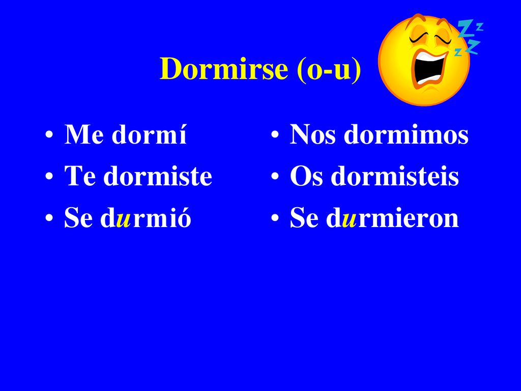 Dormirse (o-u) Me dormí Te dormiste Se durmió Nos dormimos