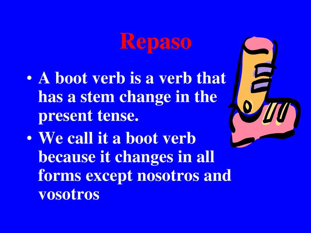 Repaso A boot verb is a verb that has a stem change in the present tense.