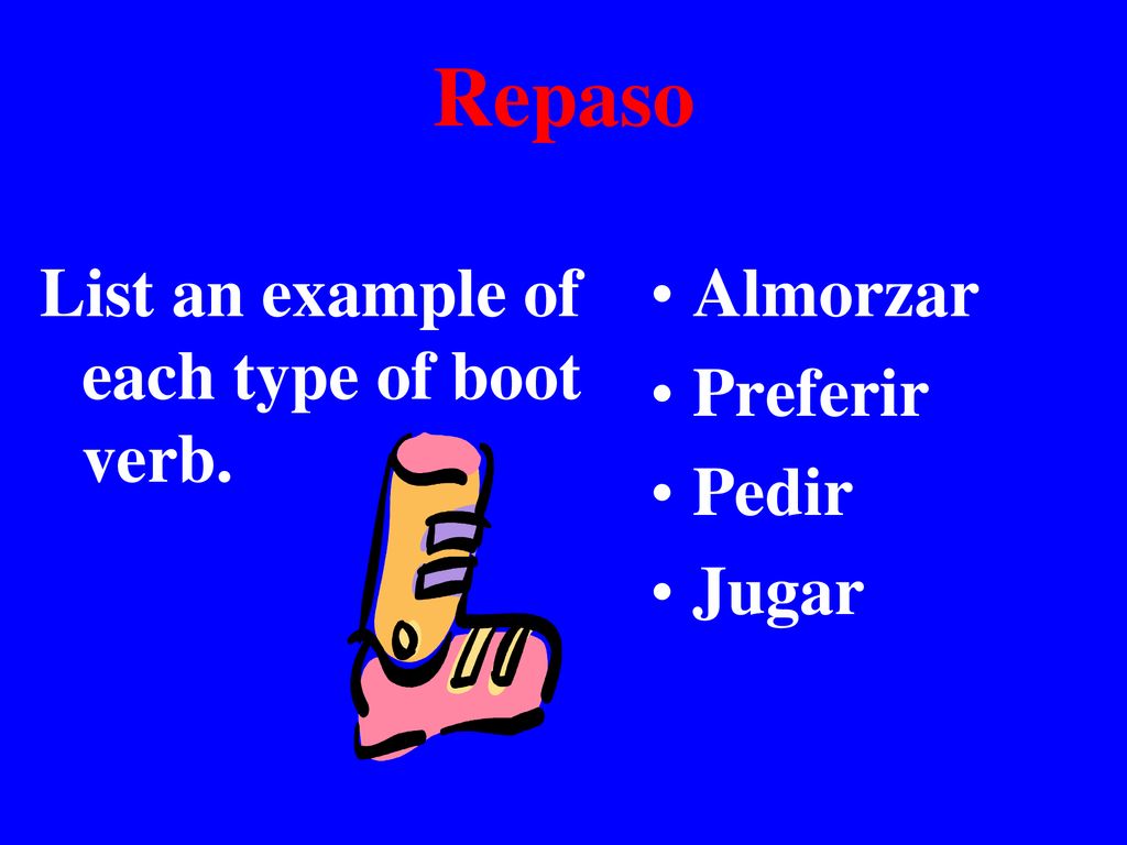 Repaso List an example of each type of boot verb. Almorzar Preferir