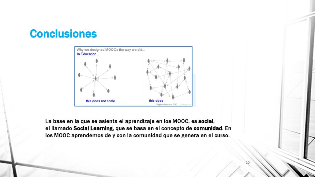 Conclusiones La base en la que se asienta el aprendizaje en los MOOC, es social,