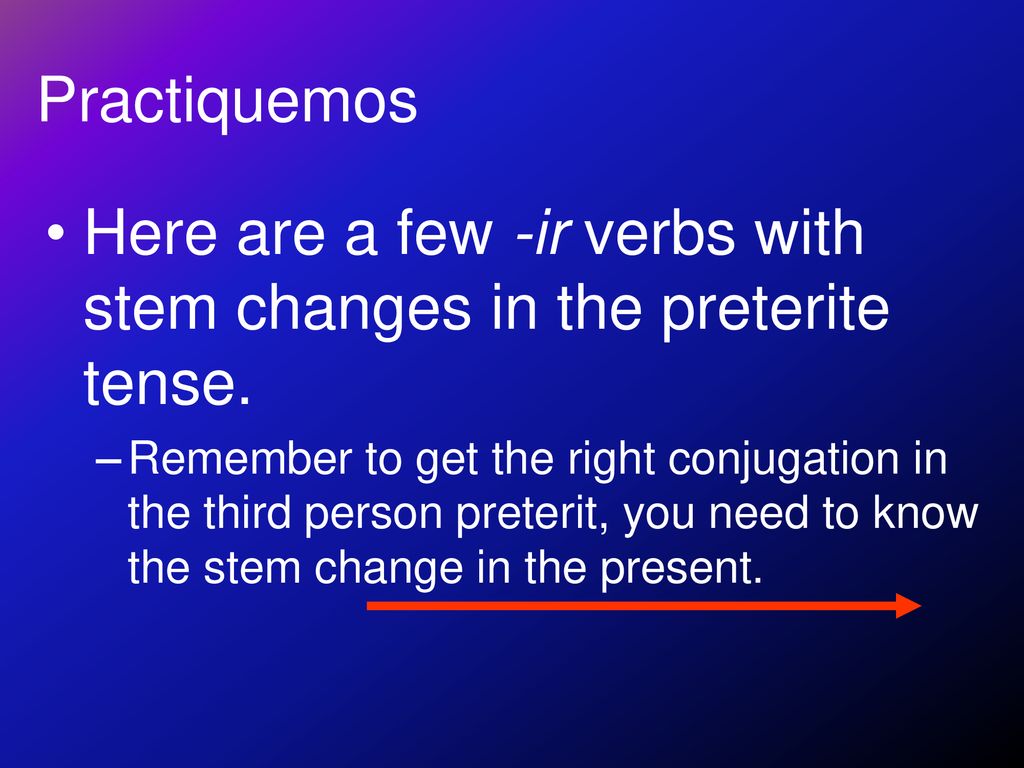 Here are a few -ir verbs with stem changes in the preterite tense.