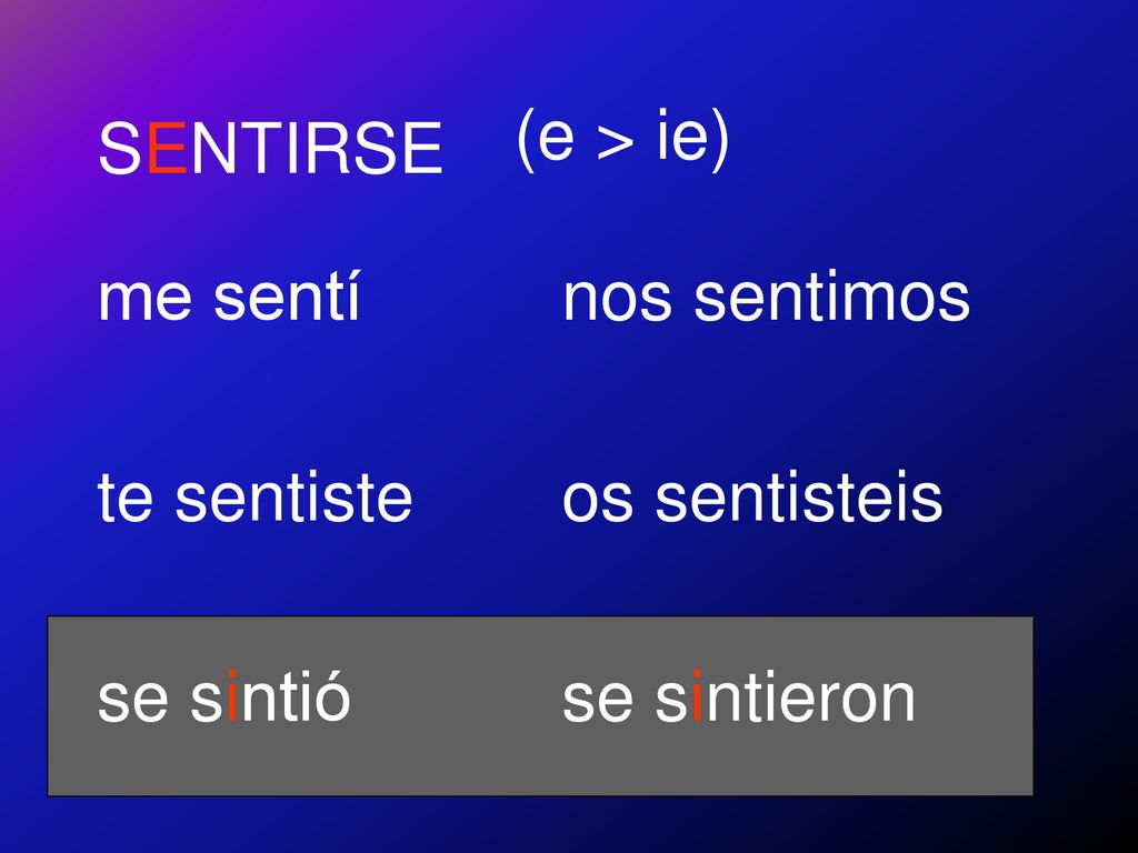 SENTIRSE (e > ie) me sentí te sentiste se sintió nos sentimos os sentisteis se sintieron
