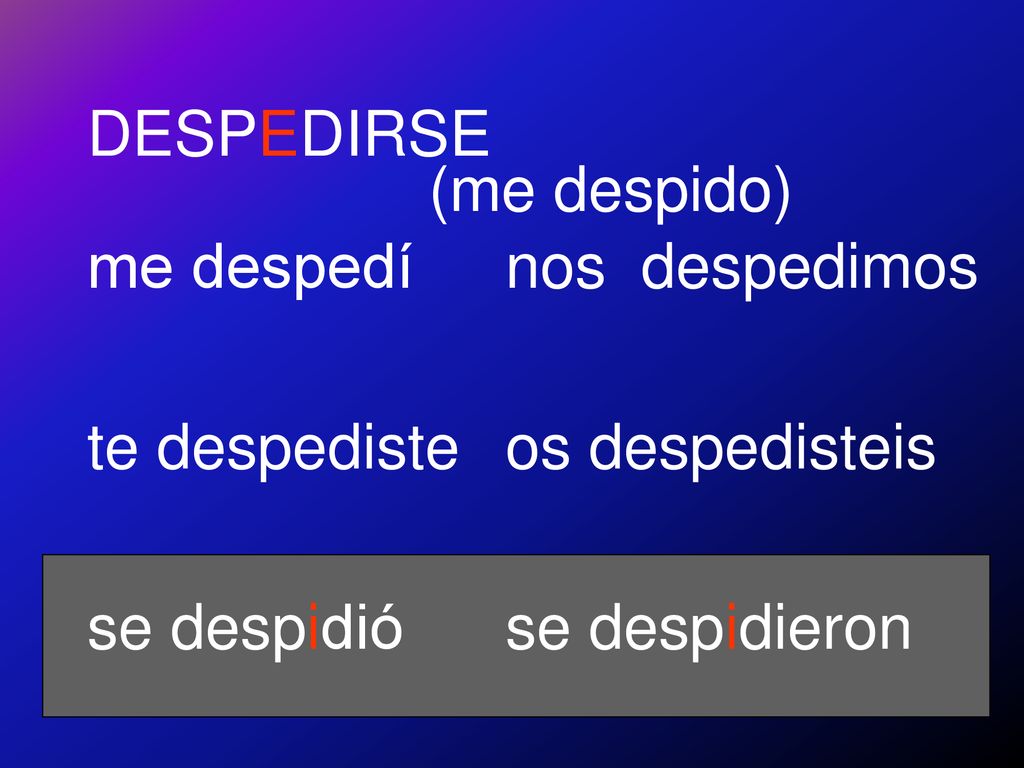 DESPEDIRSE (me despido) me despedí. te despediste. se despidió. nos despedimos. os despedisteis.