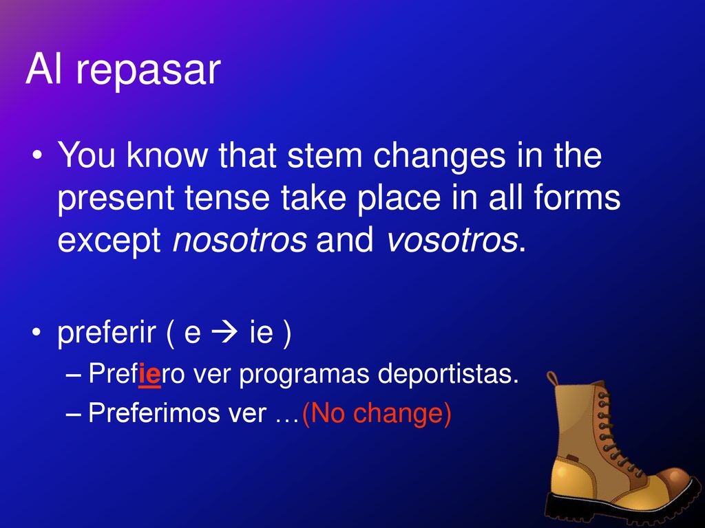 Al repasar You know that stem changes in the present tense take place in all forms except nosotros and vosotros.