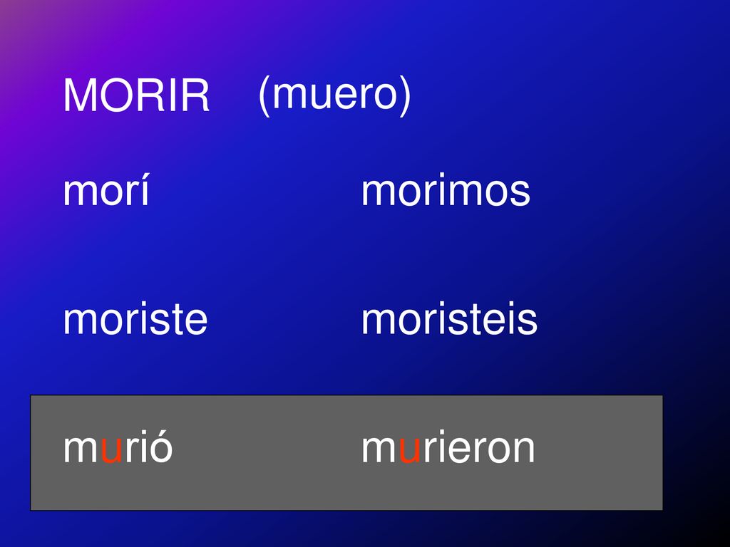 MORIR (muero) morí moriste murió morimos moristeis murieron