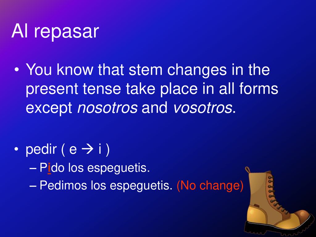 Al repasar You know that stem changes in the present tense take place in all forms except nosotros and vosotros.