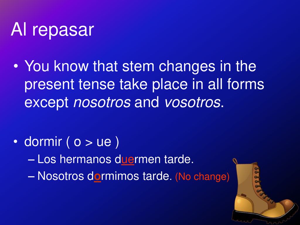 Al repasar You know that stem changes in the present tense take place in all forms except nosotros and vosotros.