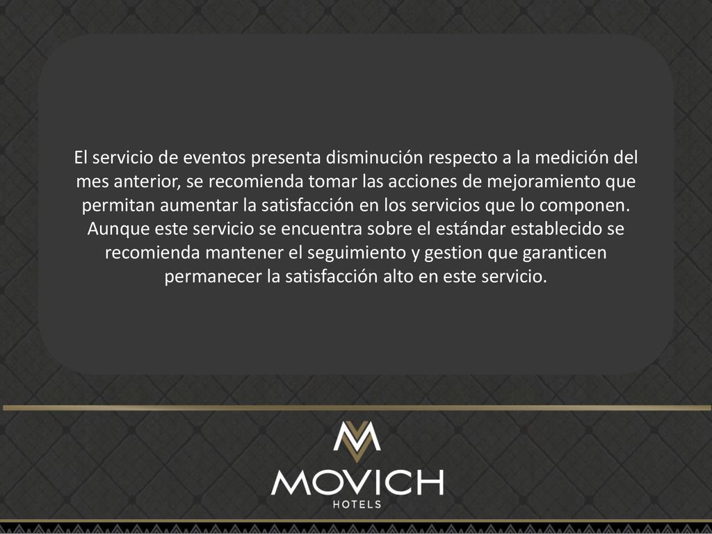 El servicio de eventos presenta disminución respecto a la medición del mes anterior, se recomienda tomar las acciones de mejoramiento que permitan aumentar la satisfacción en los servicios que lo componen.
