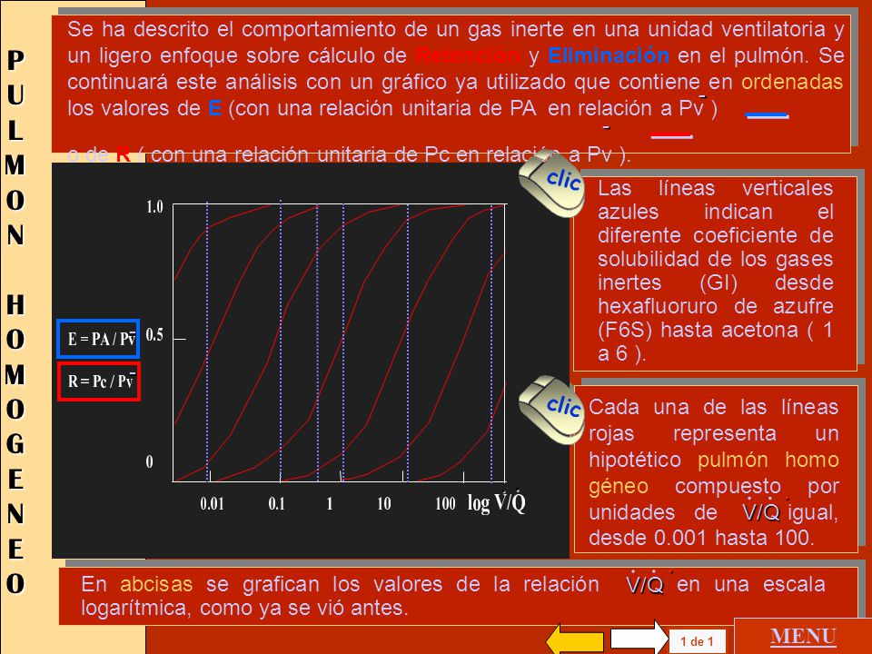 Se ha descrito el comportamiento de un gas inerte en una unidad ventilatoria y un ligero enfoque sobre cálculo de Retención y Eliminación en el pulmón. Se continuará este análisis con un gráfico ya utilizado que contiene en ordenadas los valores de E (con una relación unitaria de PA en relación a Pv )