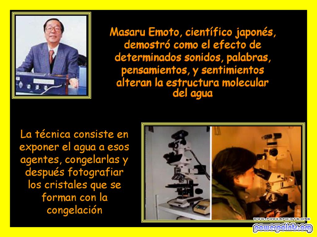 Masaru Emoto, científico japonés, demostró como el efecto de determinados sonidos, palabras, pensamientos, y sentimientos alteran la estructura molecular del agua