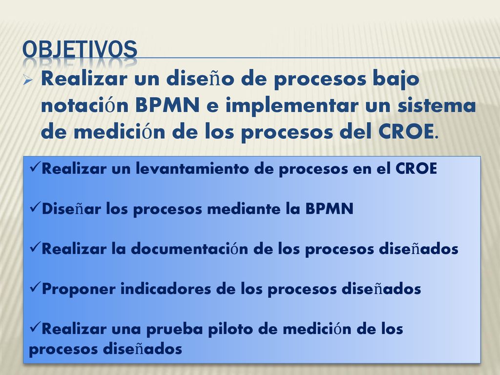 objetivos Realizar un diseño de procesos bajo notación BPMN e implementar un sistema de medición de los procesos del CROE.