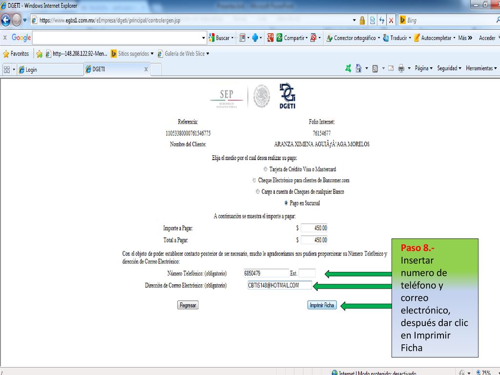 Paso 8.- Insertar numero de teléfono y correo electrónico, después dar clic en Imprimir Ficha