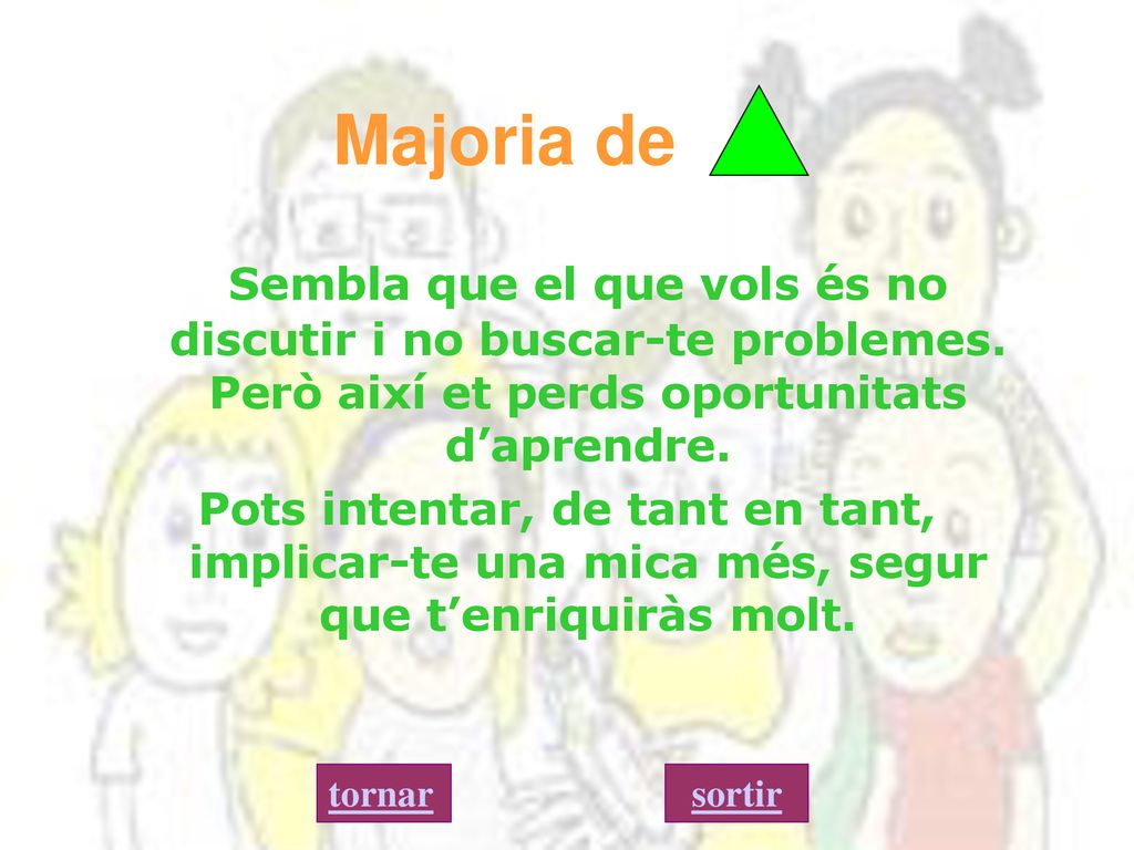 Majoria de Sembla que el que vols és no discutir i no buscar-te problemes. Però així et perds oportunitats d’aprendre.