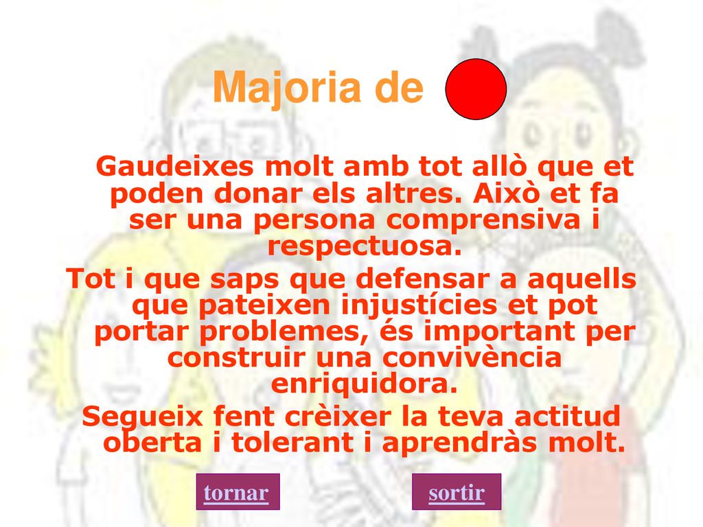 Majoria de Gaudeixes molt amb tot allò que et poden donar els altres. Això et fa ser una persona comprensiva i respectuosa.