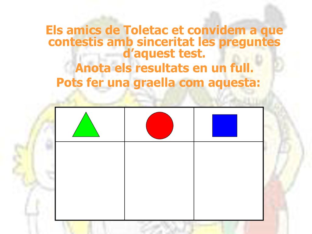 Anota els resultats en un full. Pots fer una graella com aquesta: