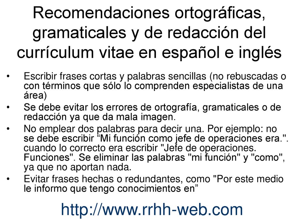 Recomendaciones ortográficas, gramaticales y de redacción del currículum vitae en español e inglés